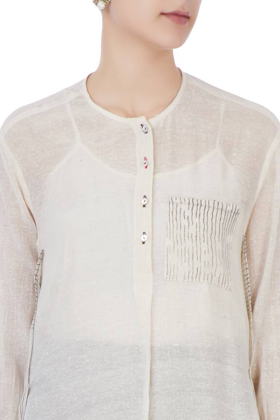 Urvashi Kaur Grey Organic Handwoven Cotton Solid Shirt And Striped Dhoti Pant Set 6
