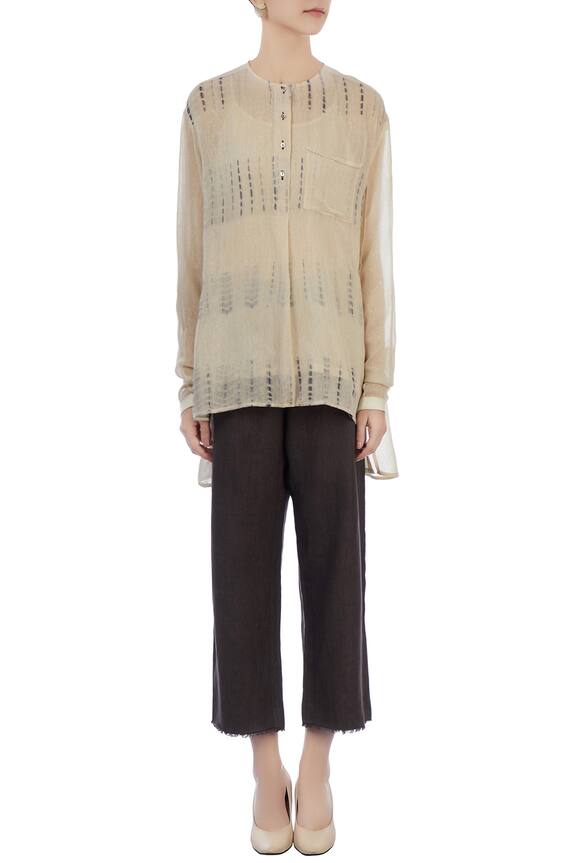 Urvashi Kaur Beige Sheer Silk Asymmetric Tunic And Textured Pant Set 5