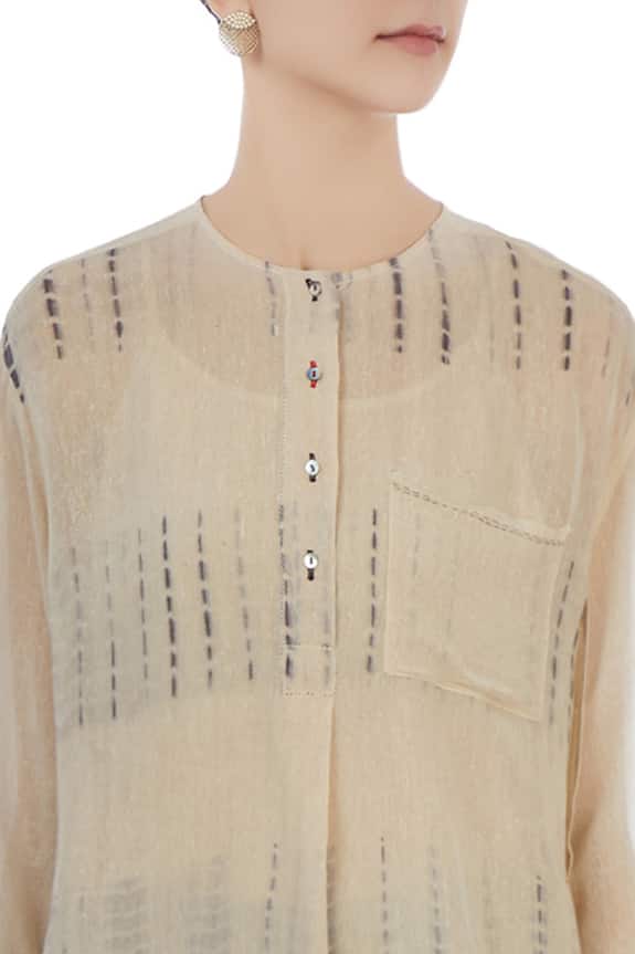 Urvashi Kaur Beige Sheer Silk Asymmetric Tunic And Textured Pant Set 6