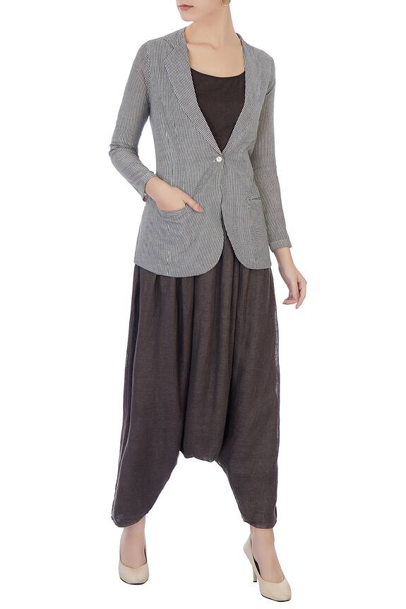 Urvashi Kaur Grey Handwoven Cotton. Silk Linen Striped Jacket And Harem Pant Set 1