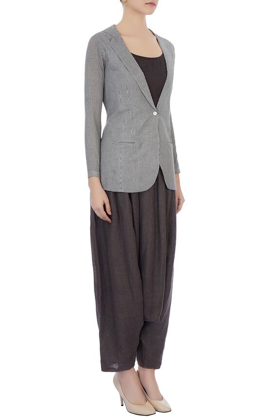 Urvashi Kaur Grey Handwoven Cotton. Silk Linen Striped Jacket And Harem Pant Set 3