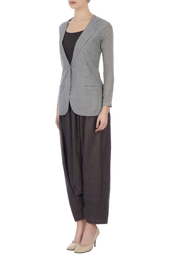 Urvashi Kaur Grey Handwoven Cotton. Silk Linen Striped Jacket And Harem Pant Set 4