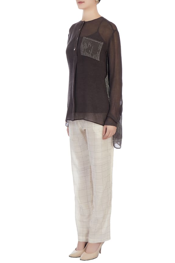 Urvashi Kaur White Sheer Silk Button Front Shirt And Chequered Pant Set 4