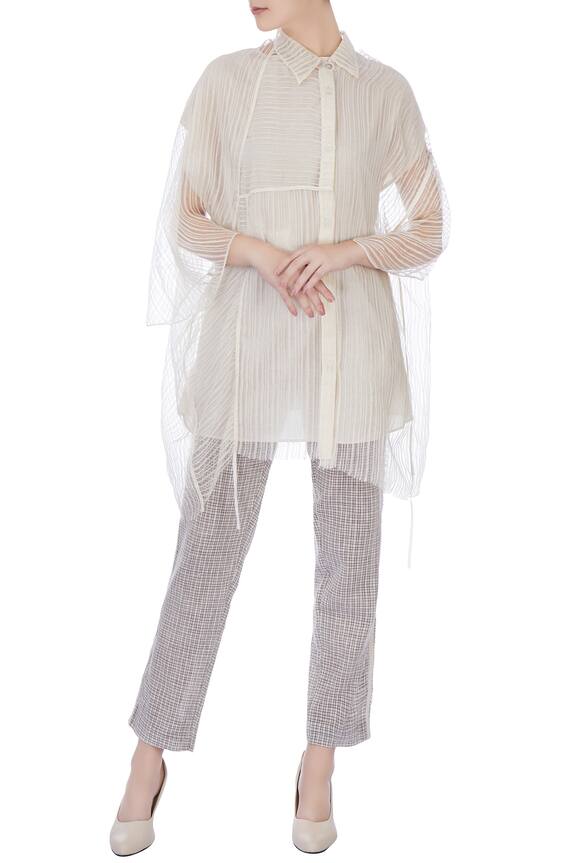 Urvashi Kaur Grey Sheer Linen Silk Striped Blouse And Pant Set 1