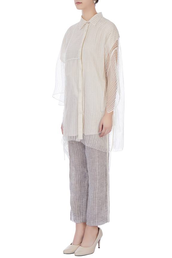 Urvashi Kaur Grey Sheer Linen Silk Striped Blouse And Pant Set 4