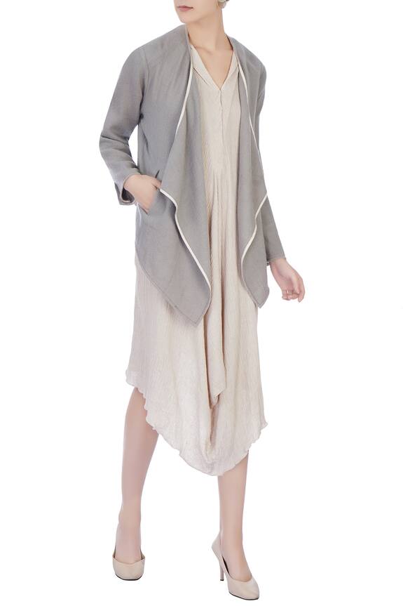 Urvashi Kaur Grey Organic Handwoven Cotton Asymmetric Front Open Jacket 1