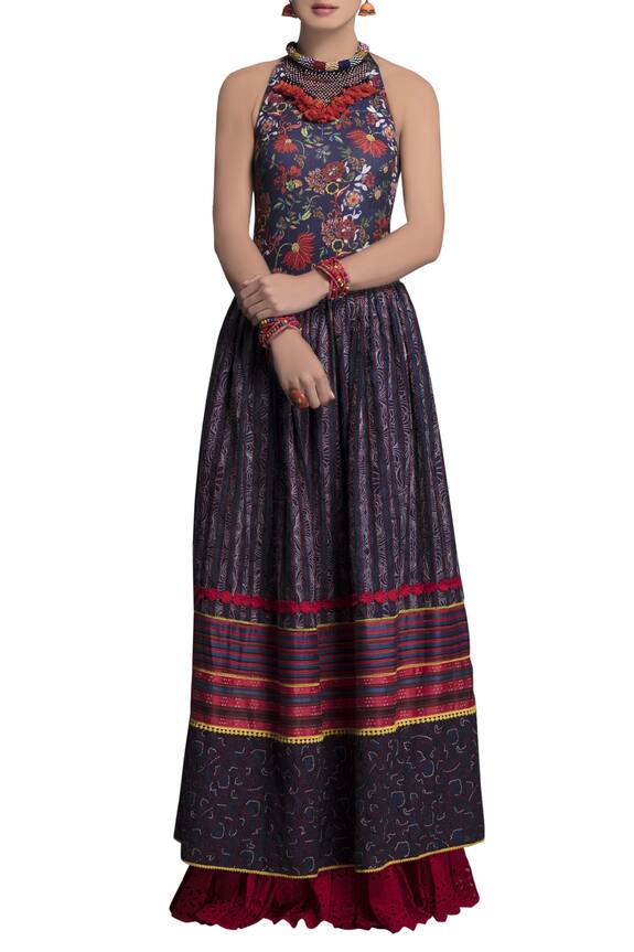 Payal Jain Blue Mashru Embroidered Pleated Skirt 1