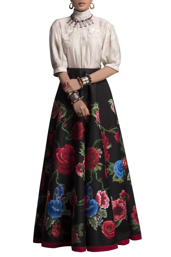 Payal Jain Black Neoprene Floral Printed Skirt 1