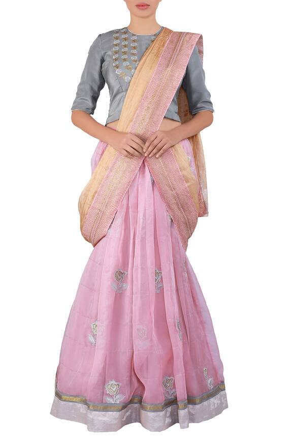 Latha Puttanna Grey Pink Embroidered Organza Lehenga Saree Set 1