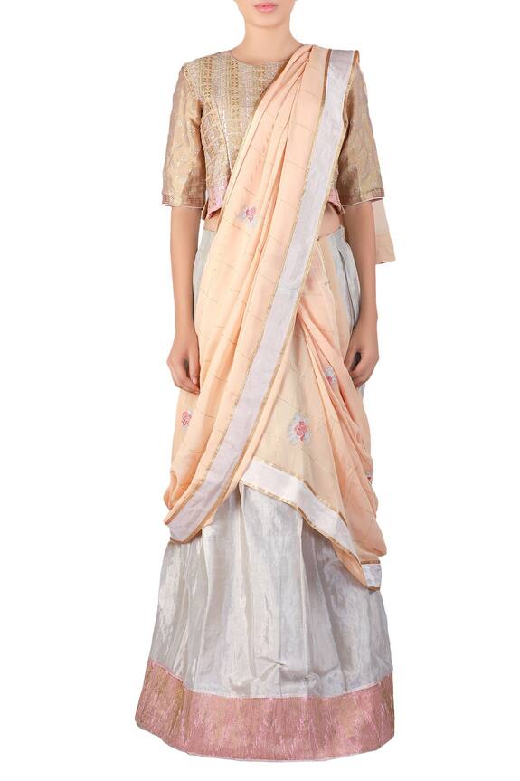 Latha Puttanna Silver Grey Embroidered Tissue Lehenga Saree Set 0