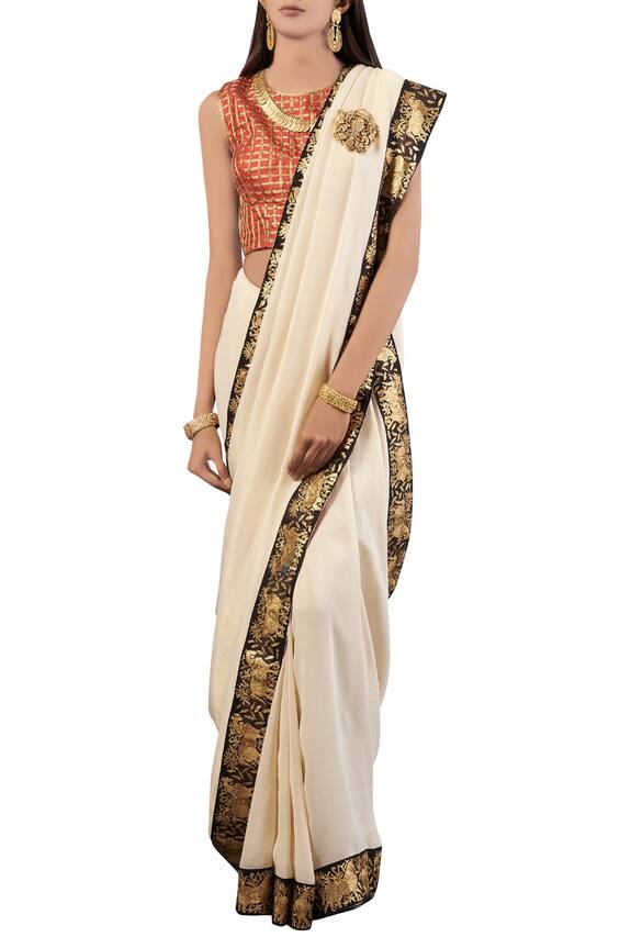 Latha Puttanna Off White Embroidered Tissue Saree With Blouse 1