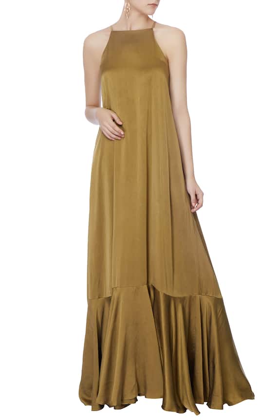 Deme by Gabriella Green Flared Backless Gown 1