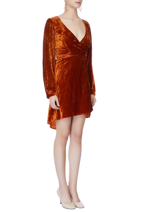Deme by Gabriella Orange Velvet Wrap Dress 3