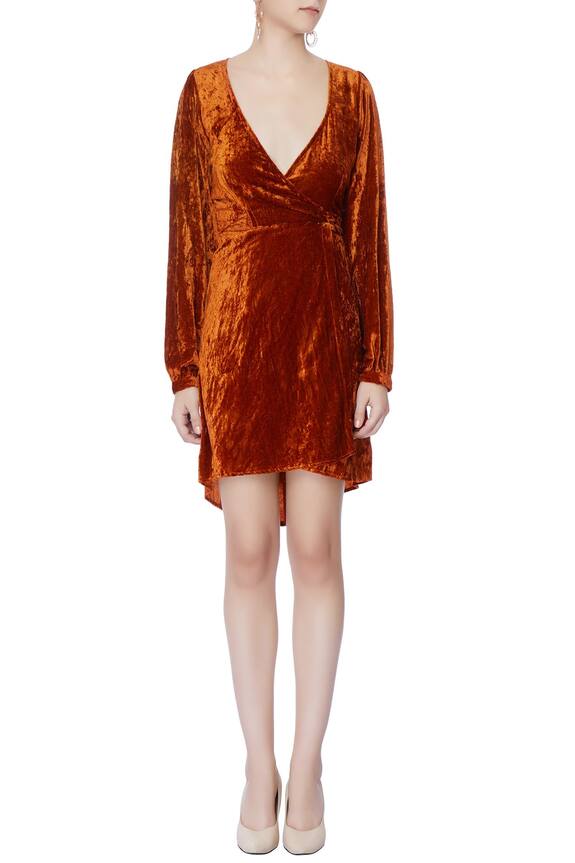 Deme by Gabriella Orange Velvet Wrap Dress 5