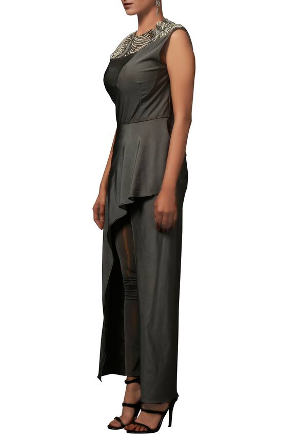Nidzign Couture Grey Soft Lycra Asymmetric Tunic And Pant Set 2