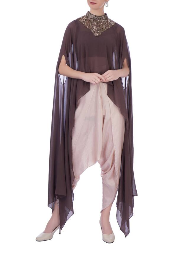 Maison Blu Brown Georgette Silk Embellished Cape With Dhoti Pants 1