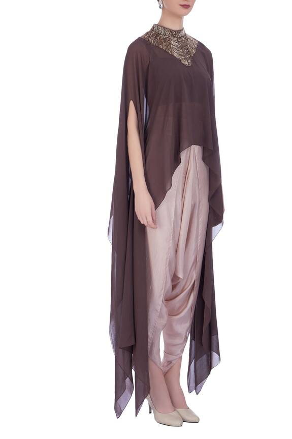 Maison Blu Brown Georgette Silk Embellished Cape With Dhoti Pants 3