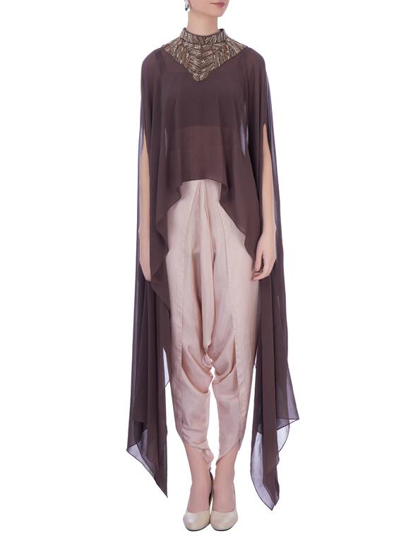 Maison Blu Brown Georgette Silk Embellished Cape With Dhoti Pants 5