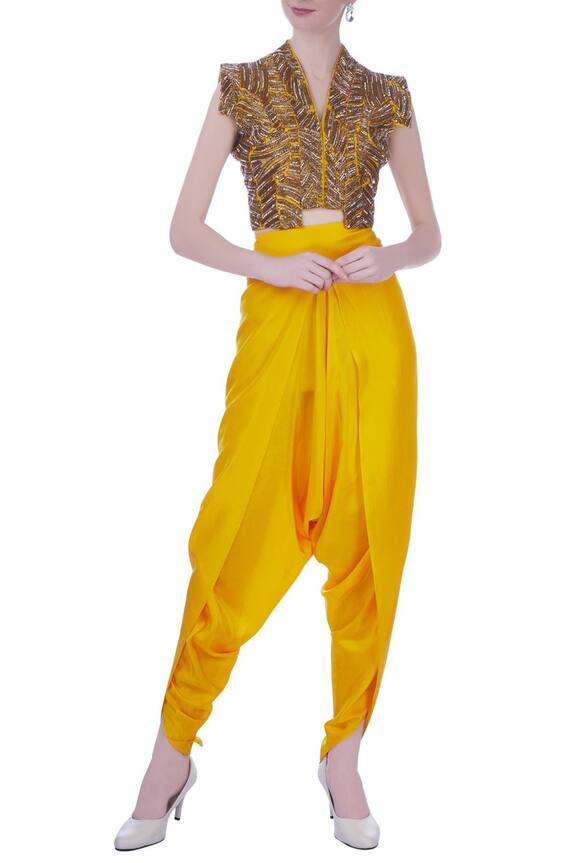 Maison Blu Yellow Silk Embroidered Top And Dhoti Pant Set 1