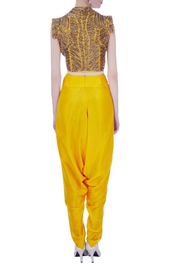 Maison Blu Yellow Silk Embroidered Top And Dhoti Pant Set 2