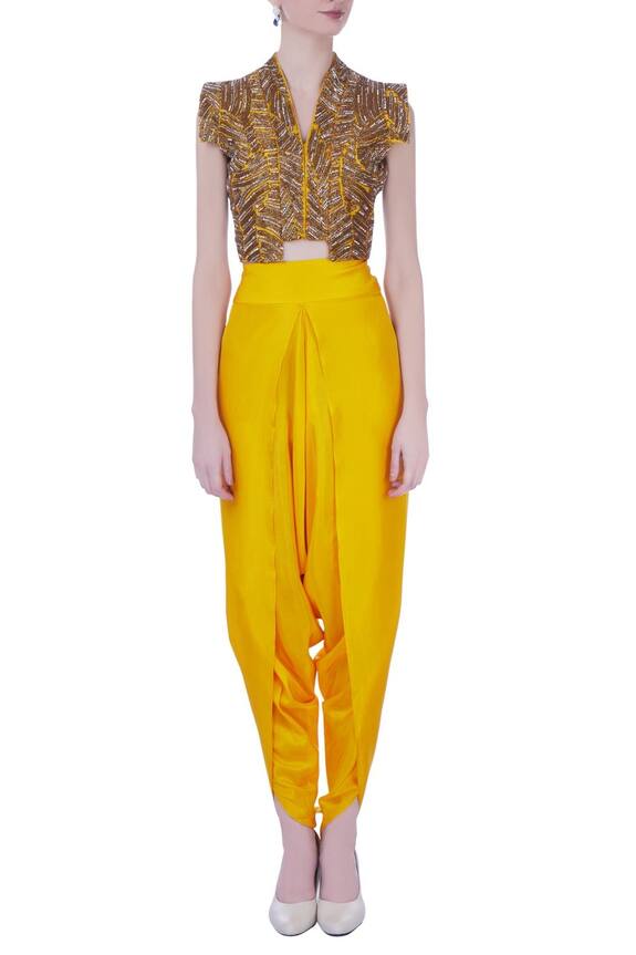Maison Blu Yellow Silk Embroidered Top And Dhoti Pant Set 5
