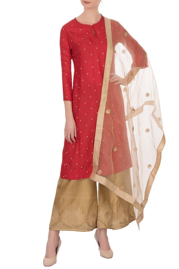 Lajjoo C Red And Gold Embroidered Kurta With Pants 1