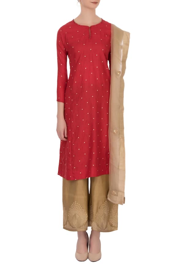 Lajjoo C Red And Gold Embroidered Kurta With Pants 5