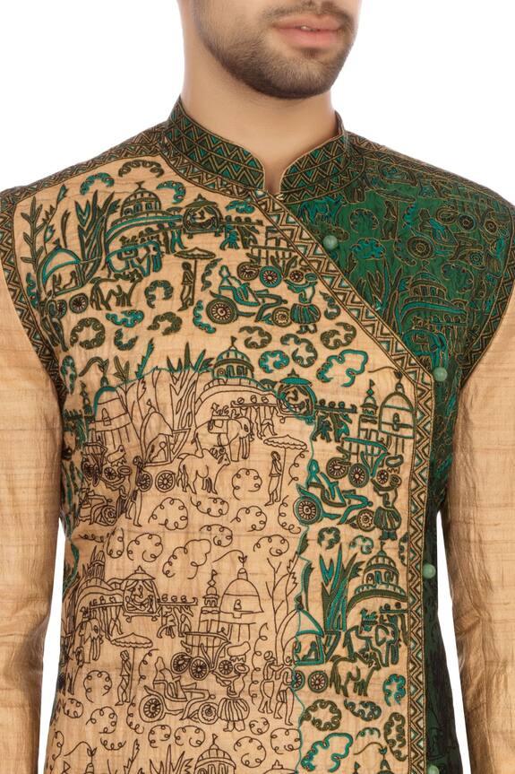 Sharbari Studio Beige And Green Tussar Silk Embroidered Angrakha Kurta Set 6