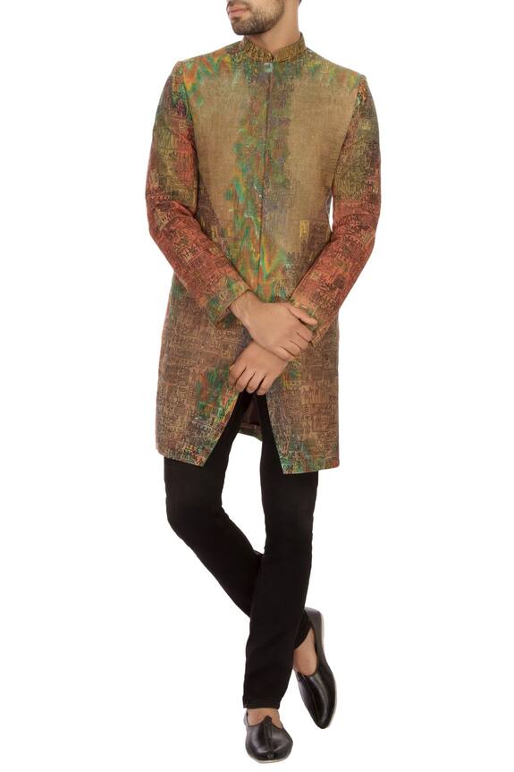 Sharbari Studio Green And Rust Cotton Embroidered Bandhgala Jacket Set 0
