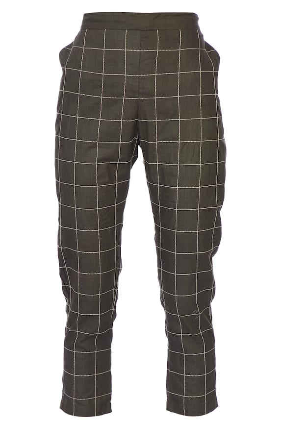 Chambray & Co. Green Linen Chequered Cigarette Pant 3