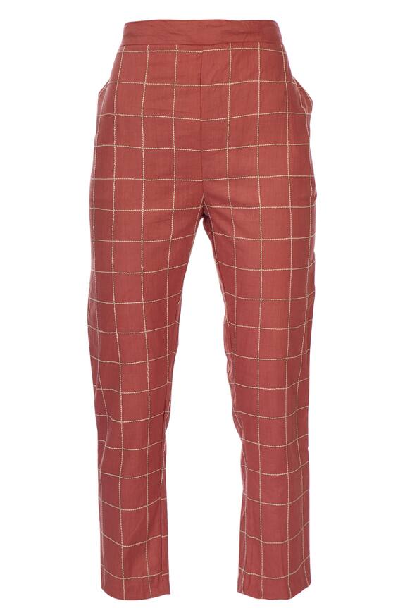 Chambray & Co. Coral Linen Chequered Cigarette Pant 2