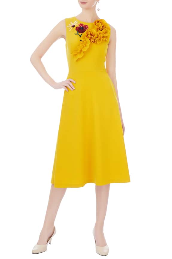 Gauri & Nainika Yellow Micro Floral Embroidered Dress 1