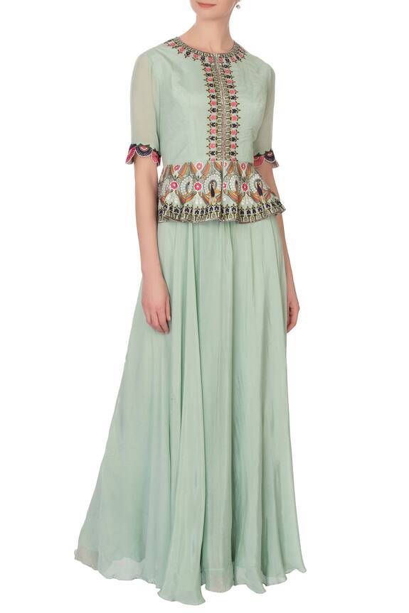 Desert Shine by Sulochana Jangir Green Printed Peplum Maxi Dress 1