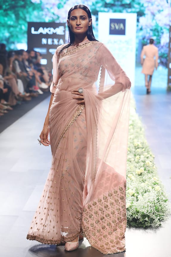 SVA by Sonam & Paras Modi Pink Net Embroidered Saree Set 1