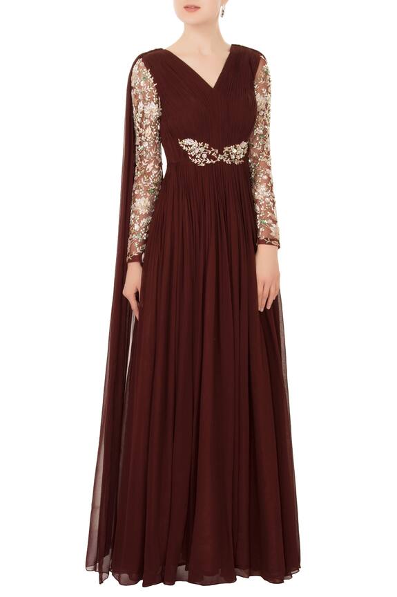 Mani Bhatia Brown Embroidered Draped Anarkali Gown 1