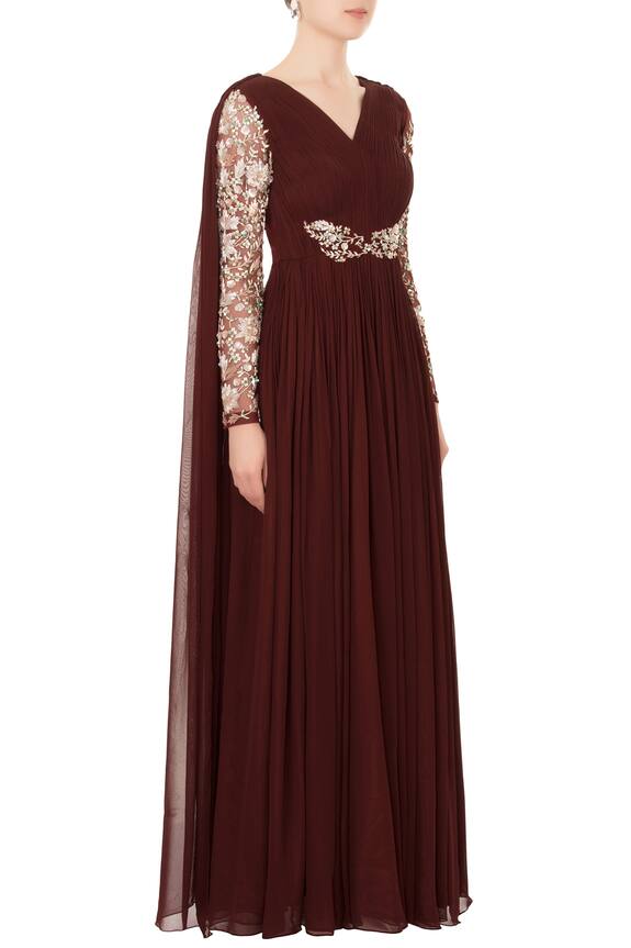 Mani Bhatia Brown Embroidered Draped Anarkali Gown 3