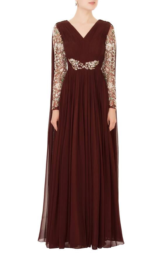 Mani Bhatia Brown Embroidered Draped Anarkali Gown 5