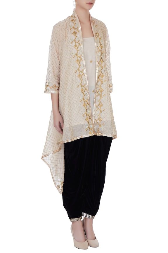 Kisneel by Pam Beige Embroidered Jacket And Pant Set 3