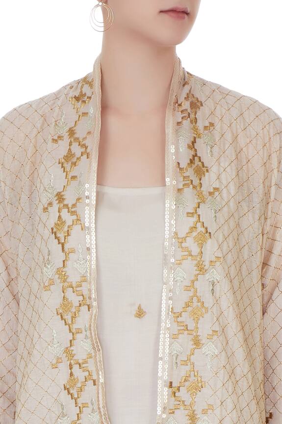 Kisneel by Pam Beige Embroidered Jacket And Pant Set 6
