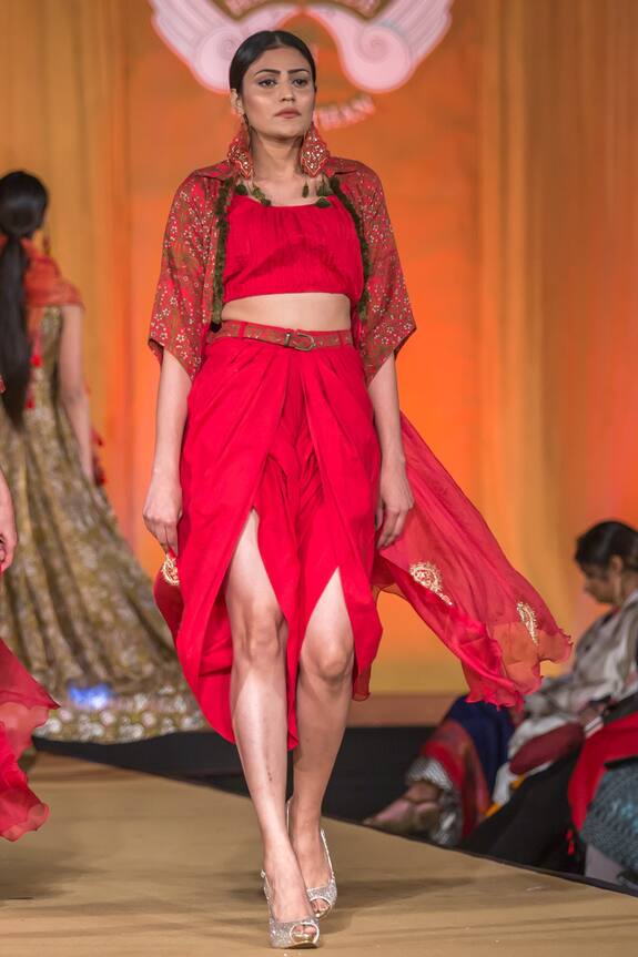 Pallavi Jaipur Red Buff Katan Silk Embellished Cape And Tulip Pant Set 1