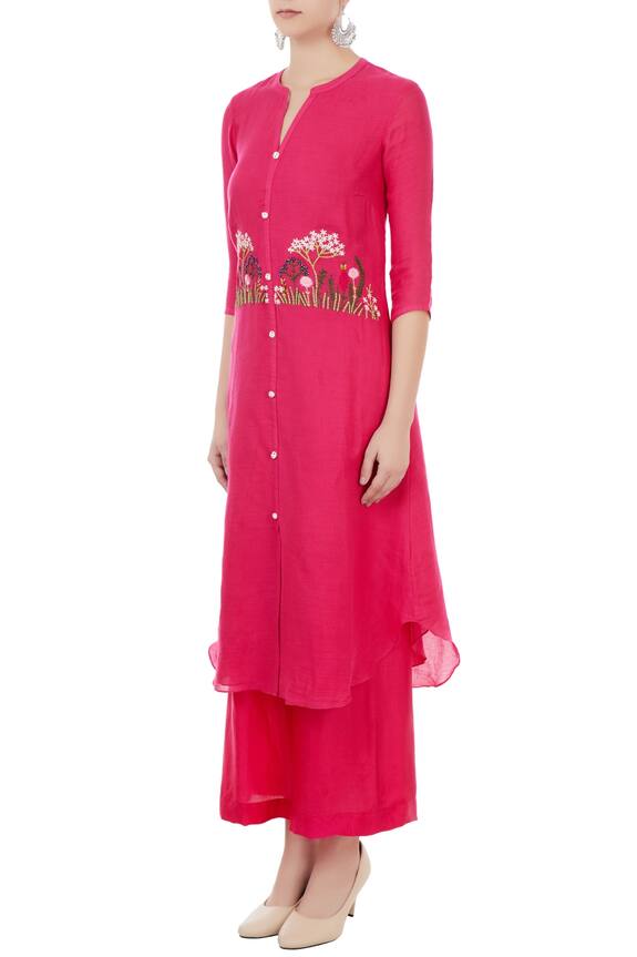 Desert Shine by Sulochana Jangir Pink Linen Georgette Asymmetric Embroidered Kurta And Palazzo Set 4