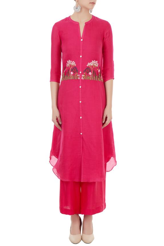 Desert Shine by Sulochana Jangir Pink Linen Georgette Asymmetric Embroidered Kurta And Palazzo Set 5
