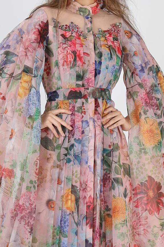 Geisha Designs Pink Polyester Botanical Print Pleated Gown 4