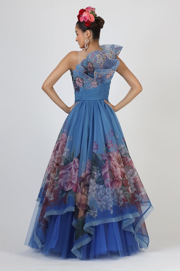 Geisha Designs Blue Polyester Exaggerated Ruffle Bodice Gown 2