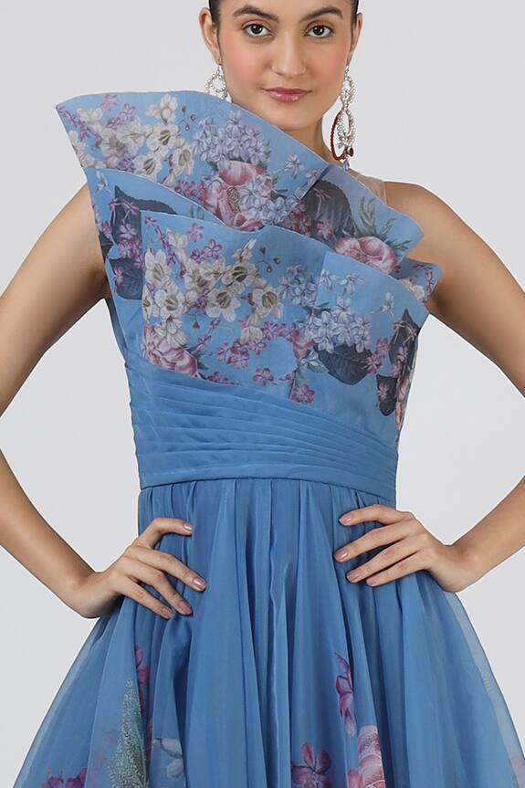 Geisha Designs Blue Polyester Exaggerated Ruffle Bodice Gown 5