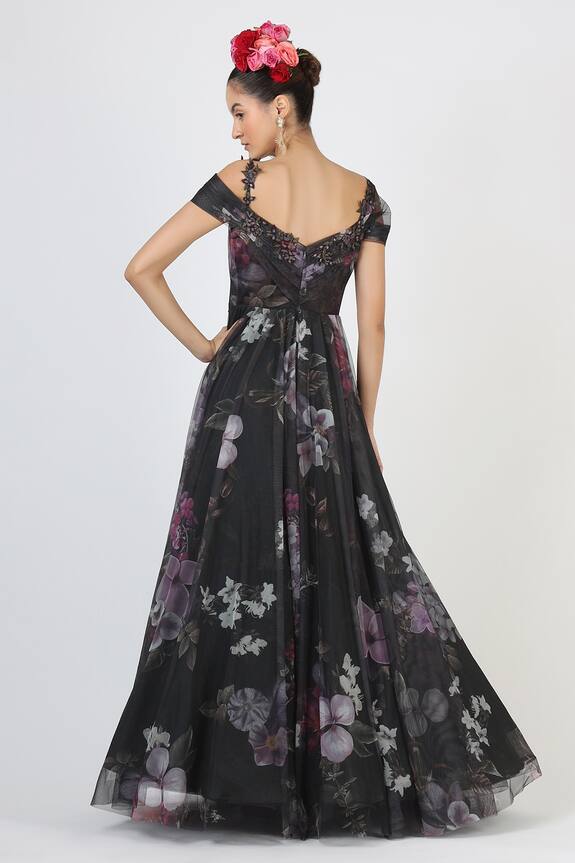 Geisha Designs Black Polyester Botanical Print Cold Shoulder Gown 2