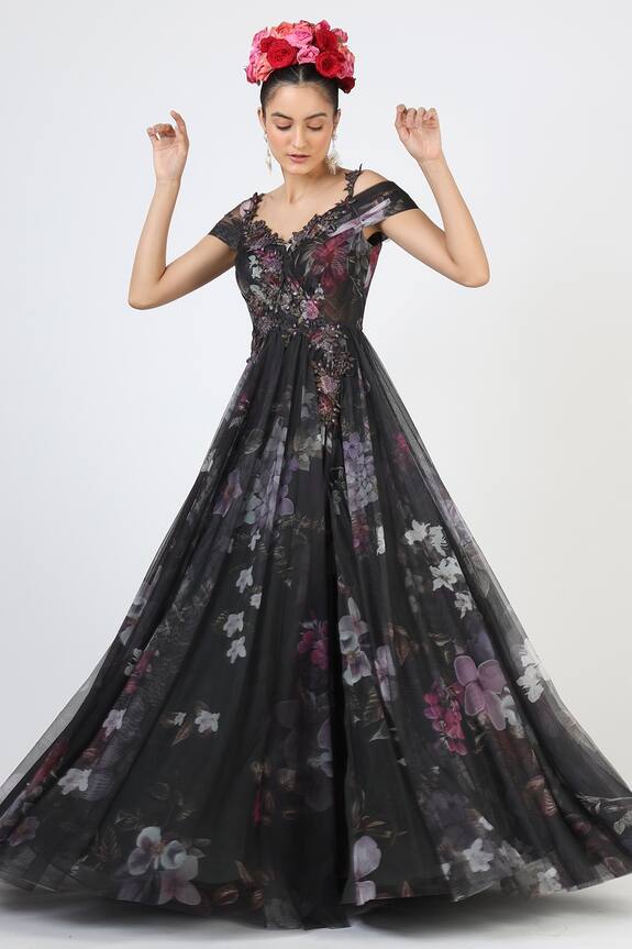 Geisha Designs Black Polyester Botanical Print Cold Shoulder Gown 3