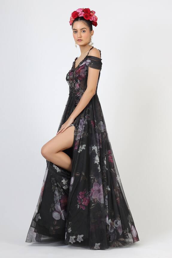 Geisha Designs Black Polyester Botanical Print Cold Shoulder Gown 4
