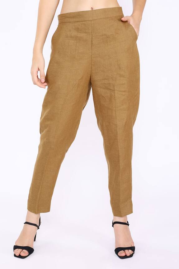 Buy Linen Bloom Brown Linen Pencil Pant Online Aza Fashions