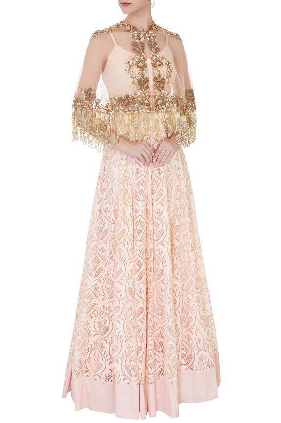 J by Jannat Peach Embroidered Cape And Lehenga Set 0